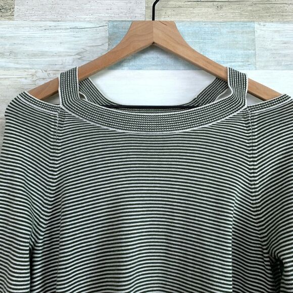 LOFT Striped Cutout Swing Sweater Gray White Flared Sleeves Ribbed Womens Medium - Picture 3 of 11